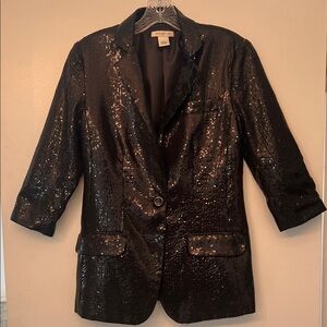 Women’s Dressy Black Sequined Blazer, 3/4 ruched sleeves, Size M